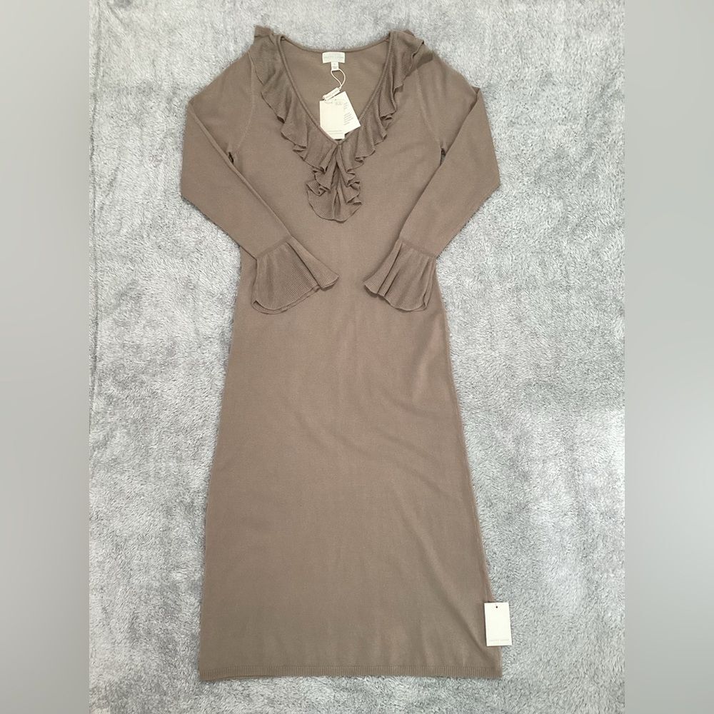 NWT Pretty Lavish Vera Ruffle Front Knit Midaxi Dress Taupe Long Sleeve Sz L